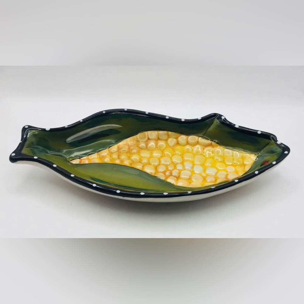 Blue Sky Clayworks Corn Dish Heather Goldminc Fish Shaped 10" Yellow Green